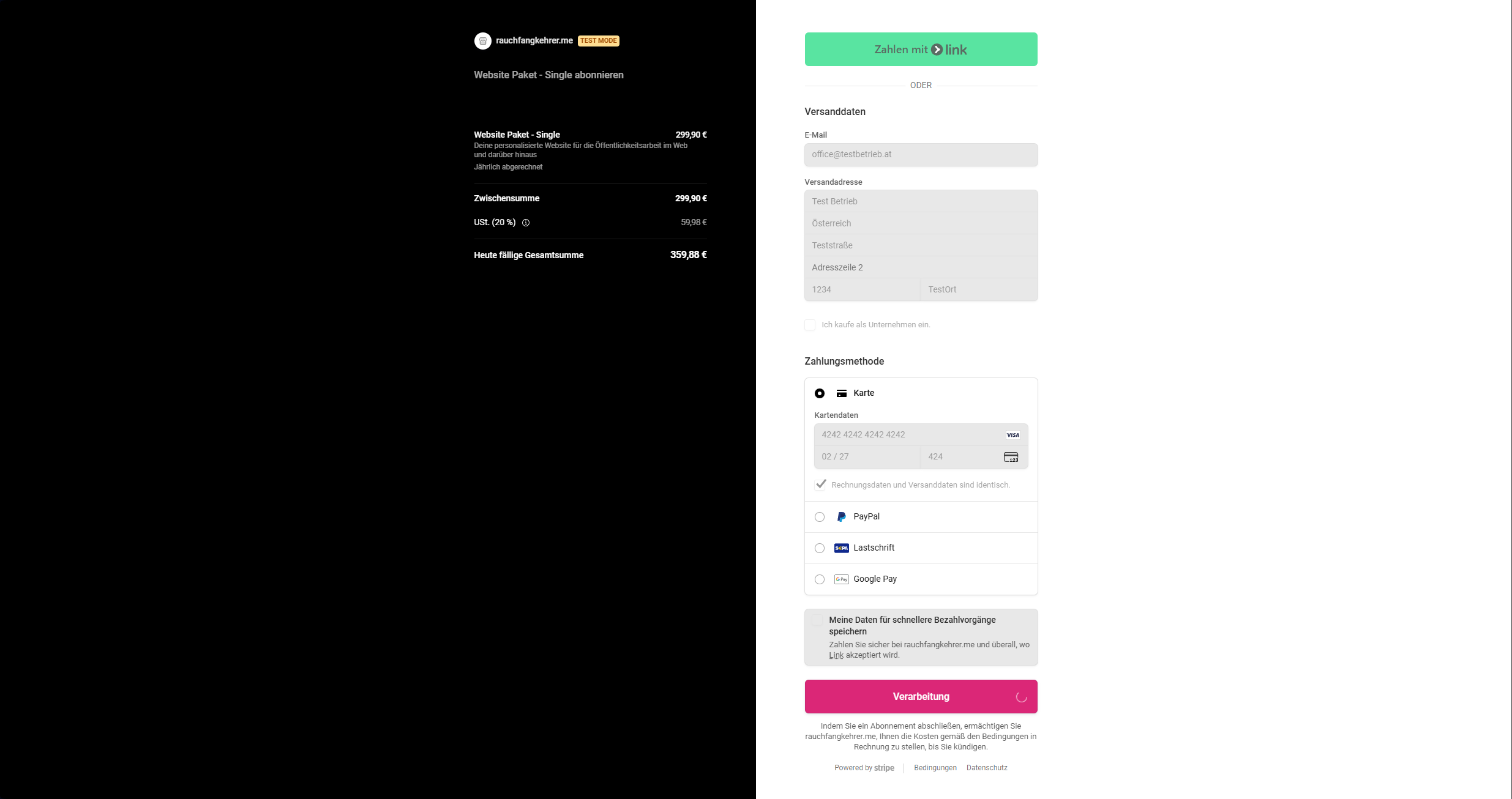 Stripe-Checkout mit hervorgehobener 'Zahlungspflichtig abonnieren'-Schaltfläche