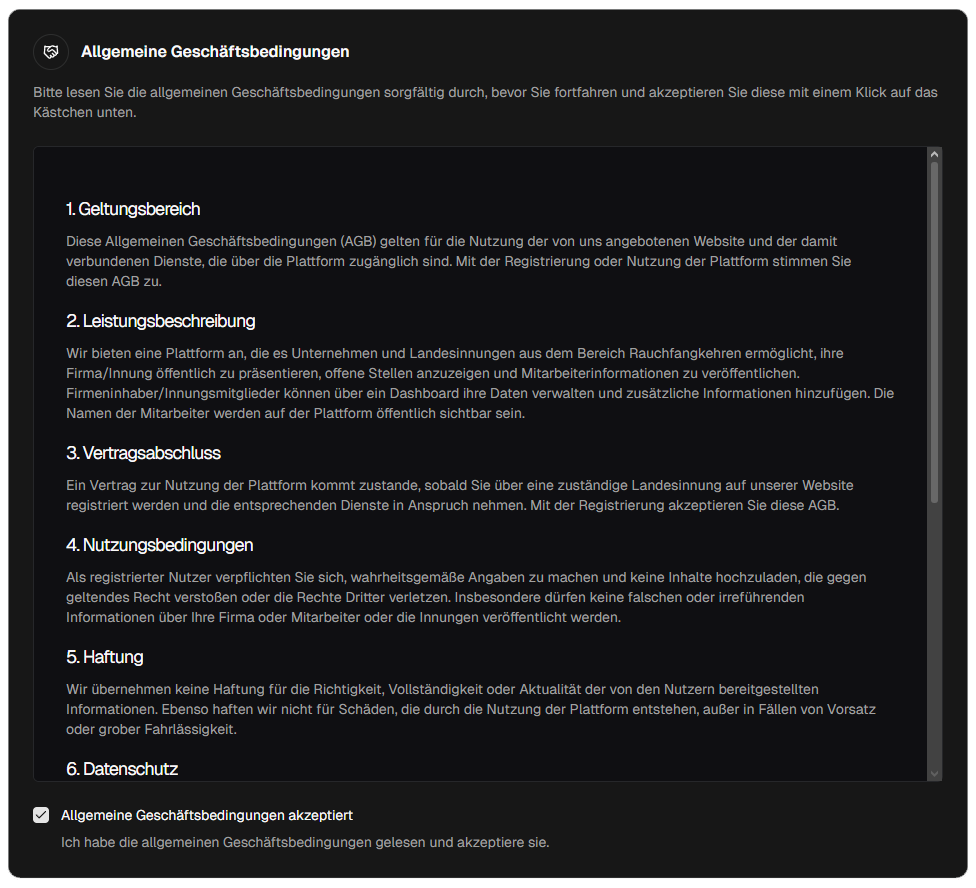 AGB-Karte mit Zusammenfassung der Nutzungsbedingungen und „Ich akzeptiere die AGB“-Checkbox