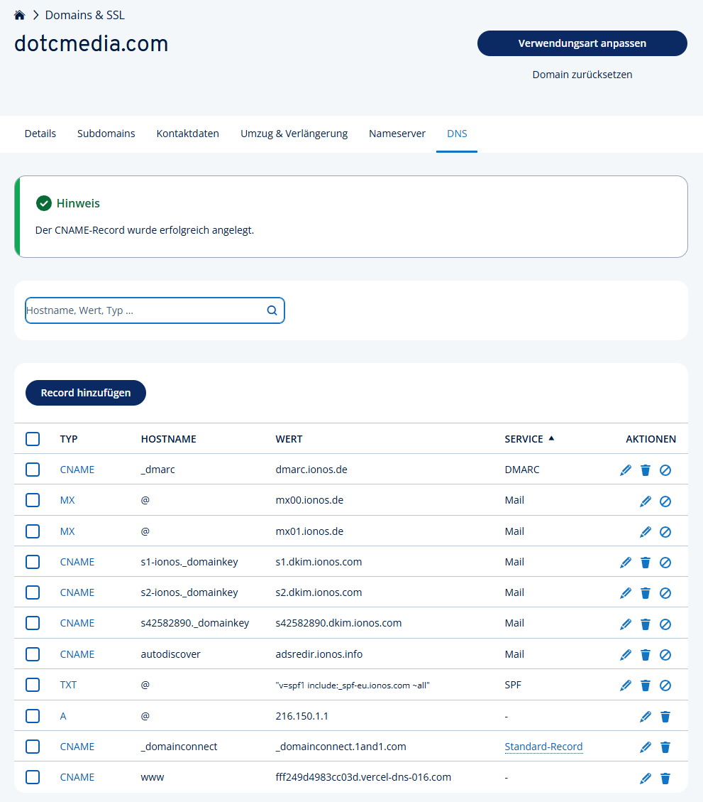 Beispiel: IONOS DNS-Seite mit gesetzten Einträgen – A-Eintrag und CNAME-Eintrag für die Domain sichtbar