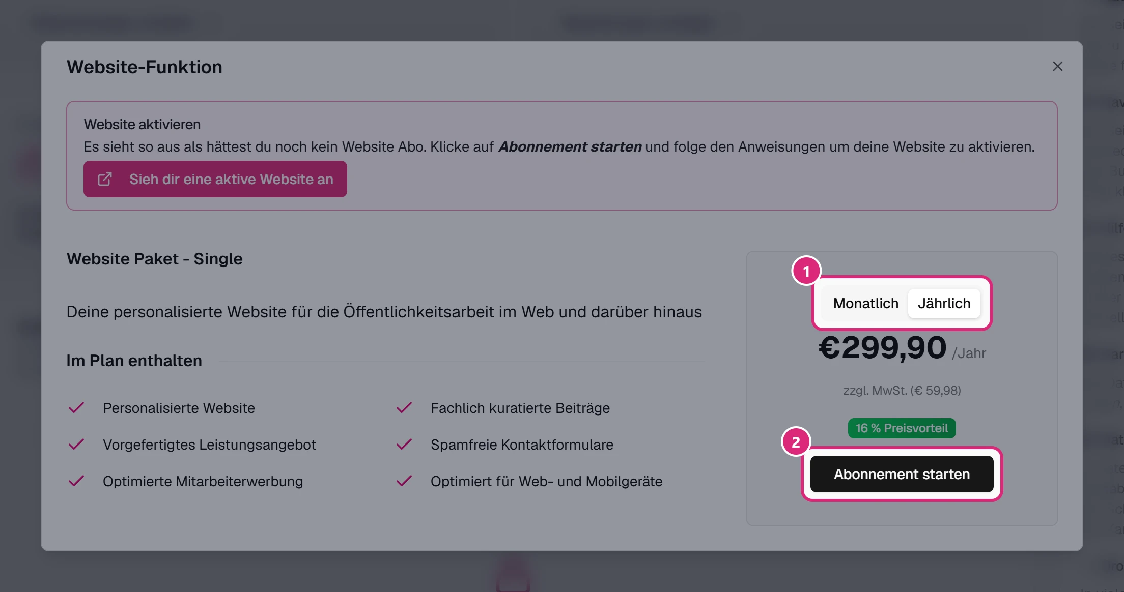 Dialog 'Website-Funktion' mit dem Website Paket: Auswahl Monatlich/Jährlich (1) und Schaltfläche 'Abonnement starten' (2)