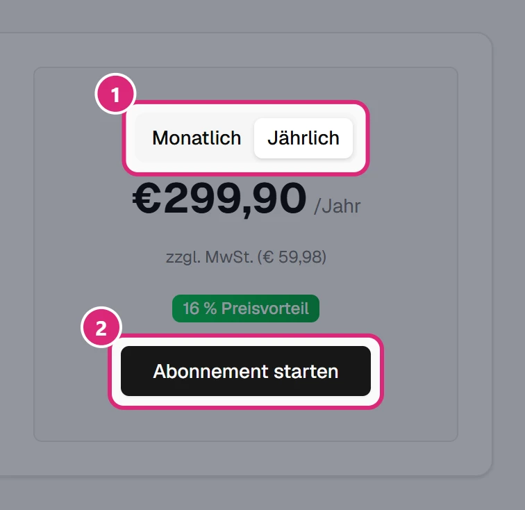 Preisbereich des Website-Pakets: Auswahl Monatlich/Jährlich (1) und Schaltfläche 'Abonnement starten' (2)