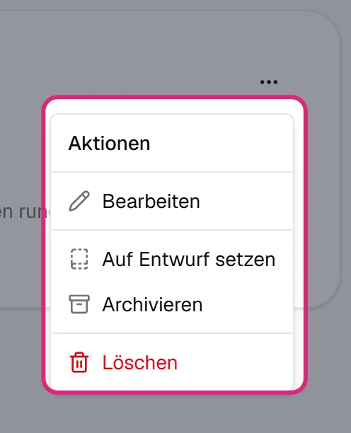 Geöffnetes Menü 'Aktionen' eines Termins mit 'Bearbeiten', 'Auf Entwurf setzen', 'Archivieren' und 'Löschen'