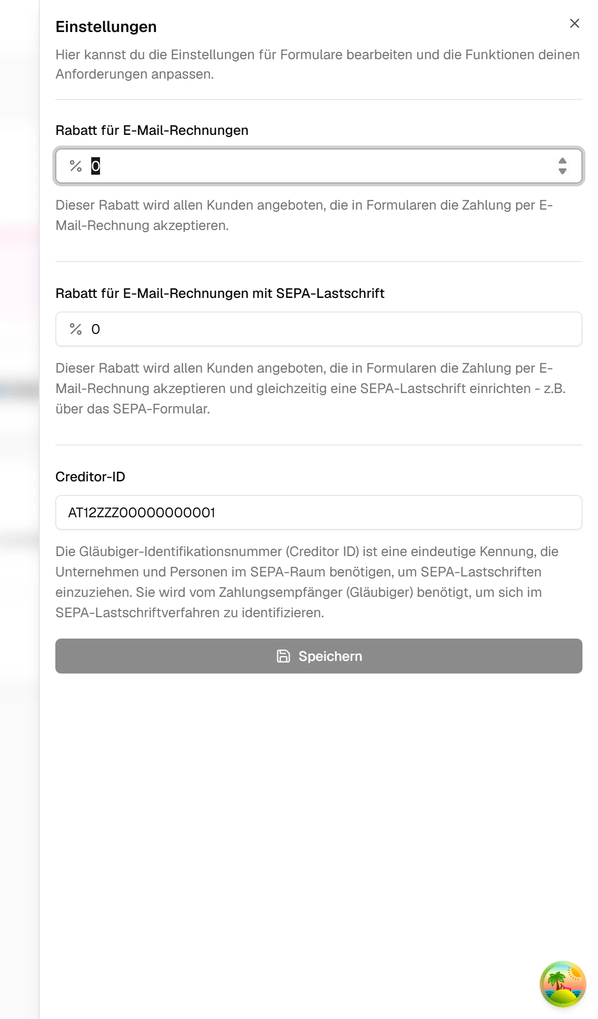 Fenster 'Einstellungen' mit den Feldern 'Rabatt für E-Mail-Rechnungen', 'Rabatt für E-Mail-Rechnungen mit SEPA-Lastschrift' und 'Creditor-ID', darunter 'Speichern'