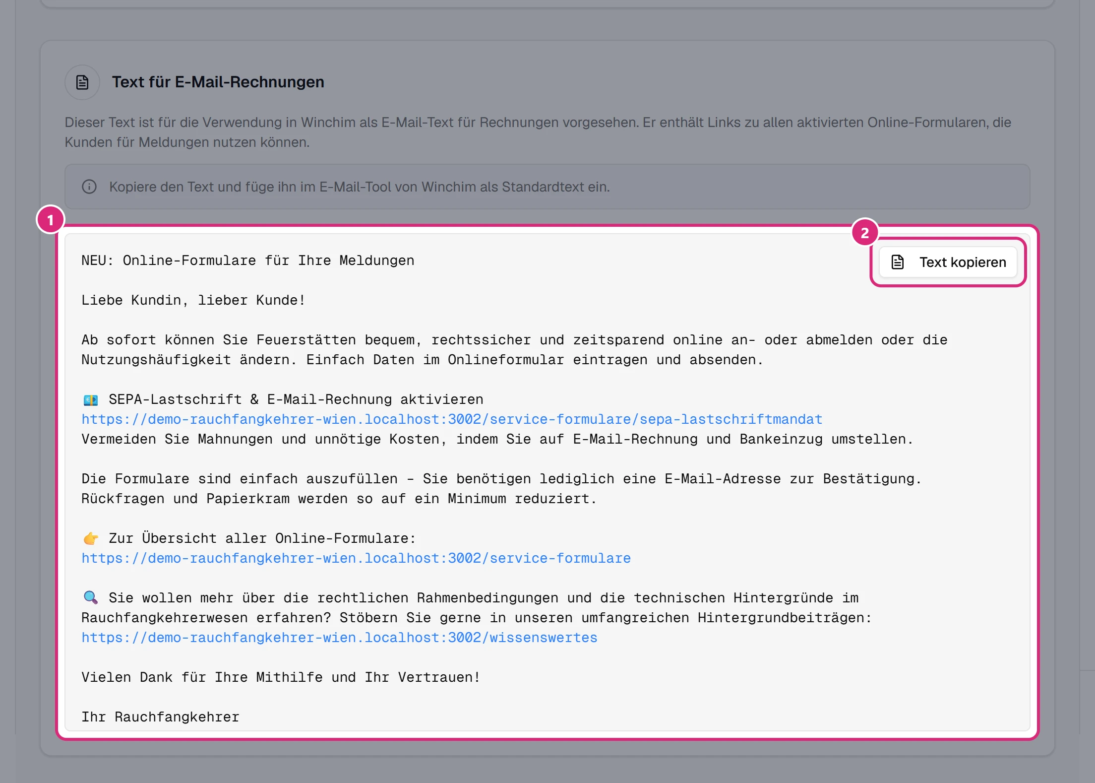 Karte 'Text für E-Mail-Rechnungen' mit dem fertigen Text 'NEU: Online-Formulare für Ihre Meldungen' und Links zu den Online-Formularen (1) und dem Knopf 'Text kopieren' (2)