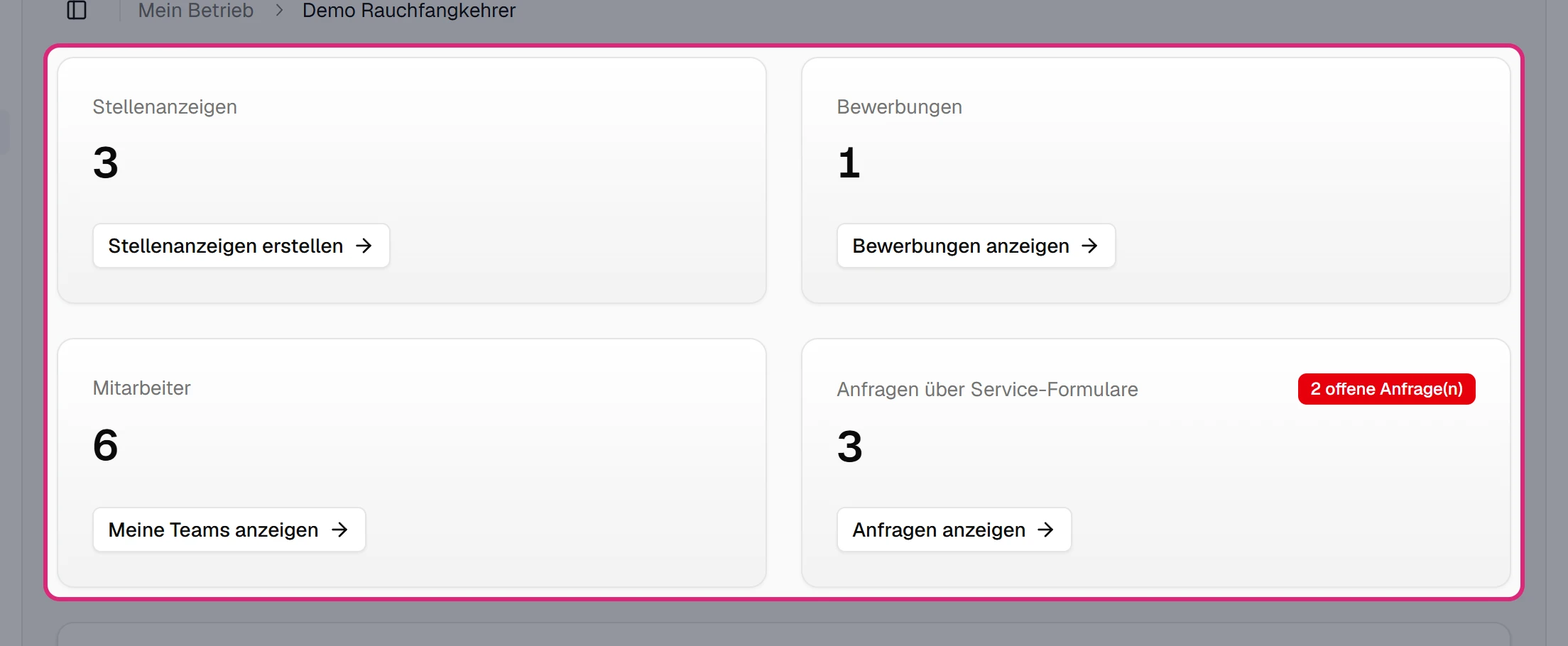 Vier Karten: Stellenanzeigen mit 'Stellenanzeigen erstellen', Bewerbungen mit 'Bewerbungen anzeigen', Mitarbeiter mit 'Meine Teams anzeigen' und Anfragen über Service-Formulare mit dem Abzeichen '2 offene Anfrage(n)' und 'Anfragen anzeigen'