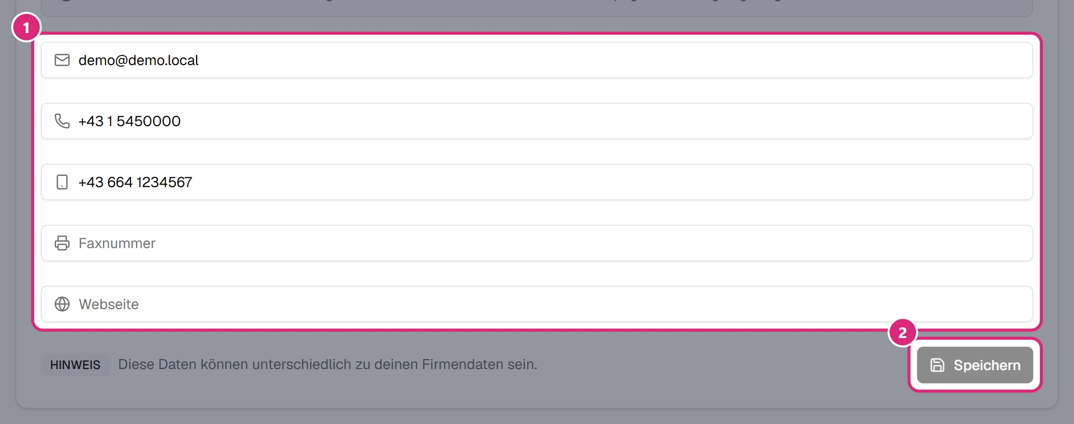 Karte 'Kontaktdaten': Felder E-Mail-Adresse, Telefonnummer, Mobiltelefonnummer, Faxnummer und Webseite (1), unten 'Speichern' (2)