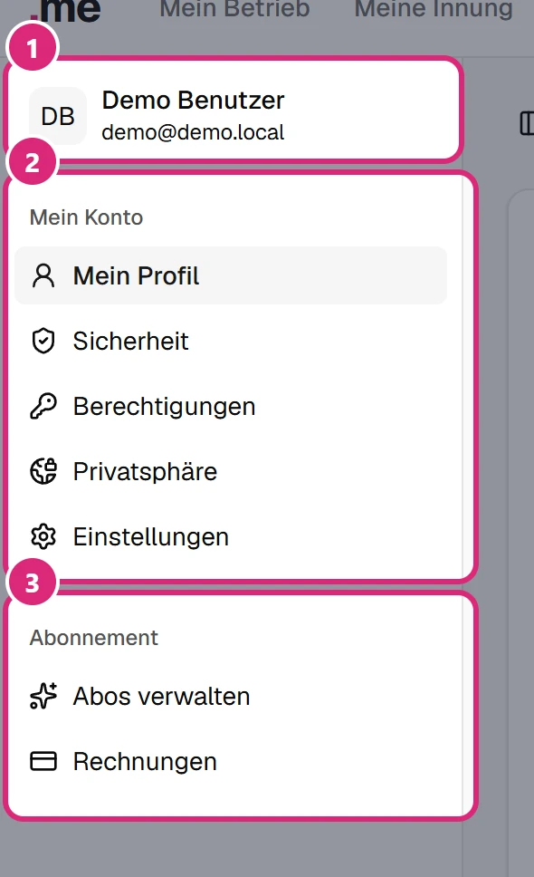 Menü links auf den Seiten deines Kontos: dein Bild mit Name und E-Mail (1), die Gruppe 'Mein Konto' (2) und die Gruppe 'Abonnement' (3)