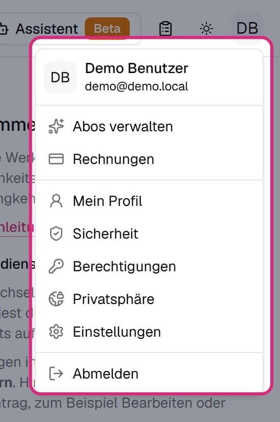 Geöffnetes Konto-Menü mit Name und E-Mail, 'Abos verwalten', 'Rechnungen', 'Mein Profil', 'Sicherheit', 'Berechtigungen', 'Privatsphäre', 'Einstellungen' und 'Abmelden'
