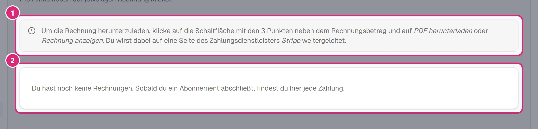 Hinweis zum Herunterladen (1) und die Liste der Rechnungen (2), hier noch ohne Rechnungen