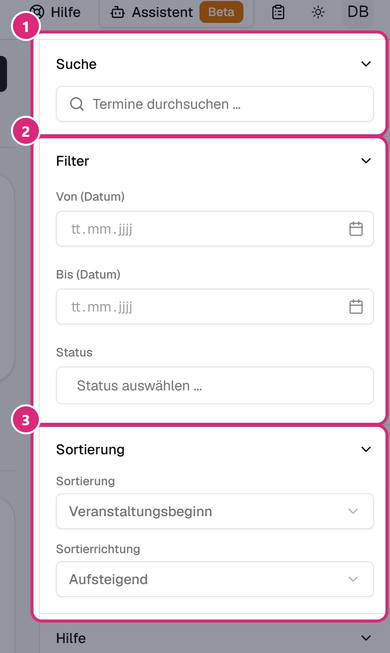 Rechte Spalte der Seite Termine: 'Suche' (1), 'Filter' mit Zeitraum und Status (2) und 'Sortierung' (3)