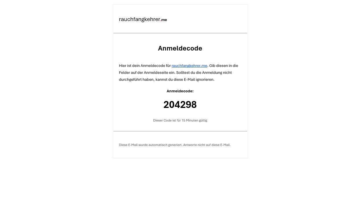 E-Mail-Posteingang mit RFK-Login-Code-Mail, Betreff „Anmeldung bei Rauchfangkehrer.me“ und hervorgehobenem 6-stelligem Code