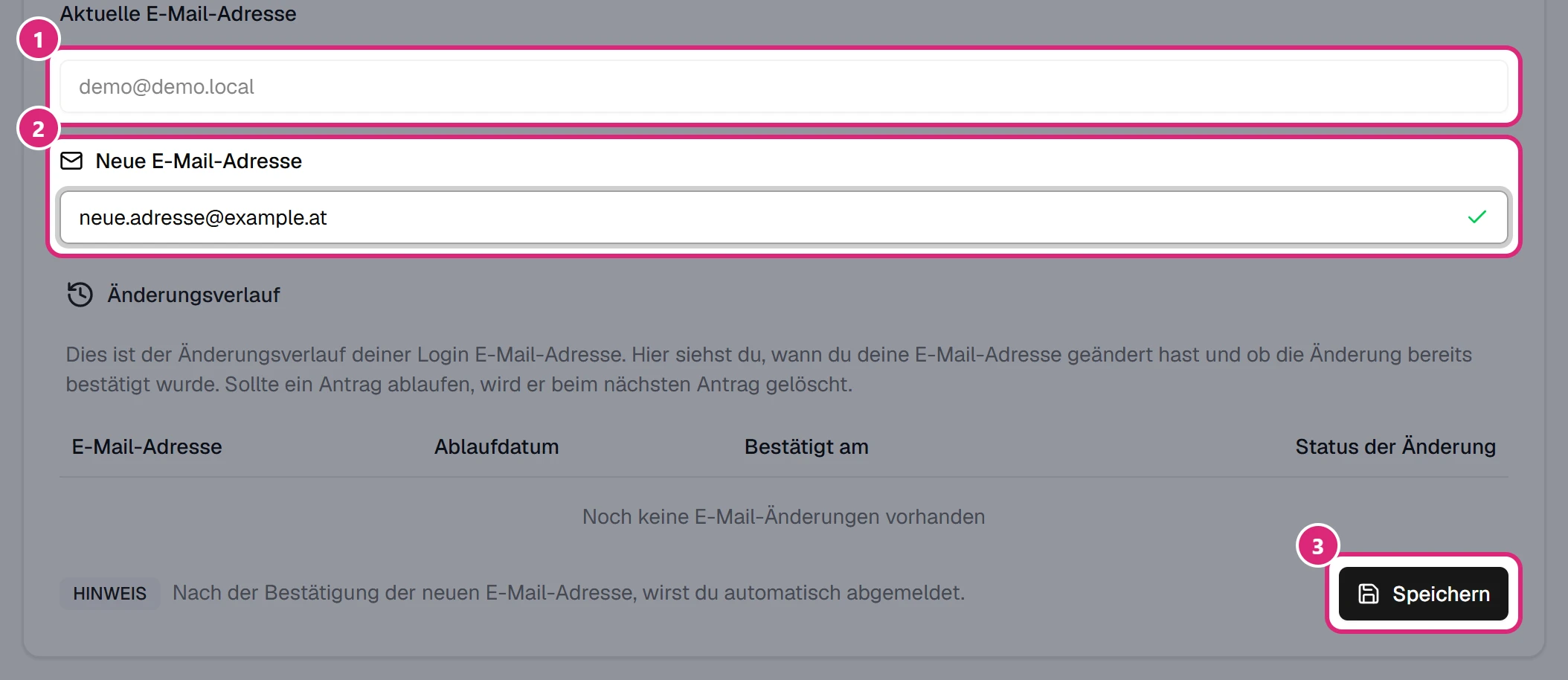 Karte 'Login E-Mail': Feld 'Aktuelle E-Mail-Adresse' (1), Feld 'Neue E-Mail-Adresse' mit grünem Häkchen (2), unten 'Speichern' (3)