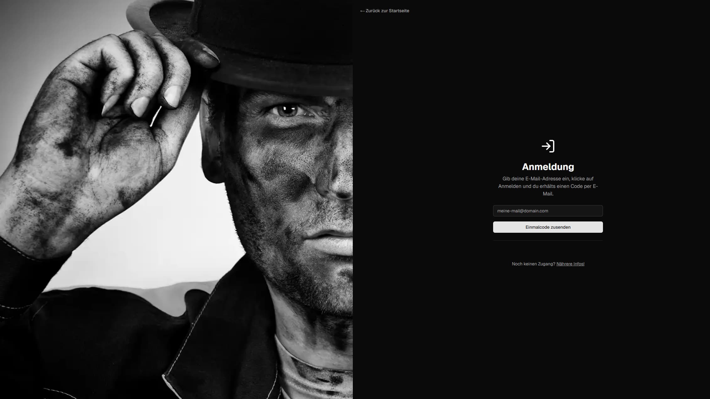 Login-Screen mit E-Mail-Eingabefeld und „Code senden“-Schaltfläche