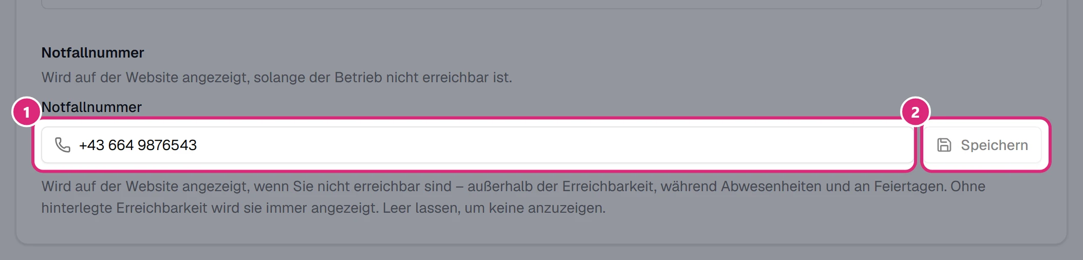 Bereich 'Notfallnummer' mit dem Eingabefeld (1) und der Schaltfläche 'Speichern' (2)