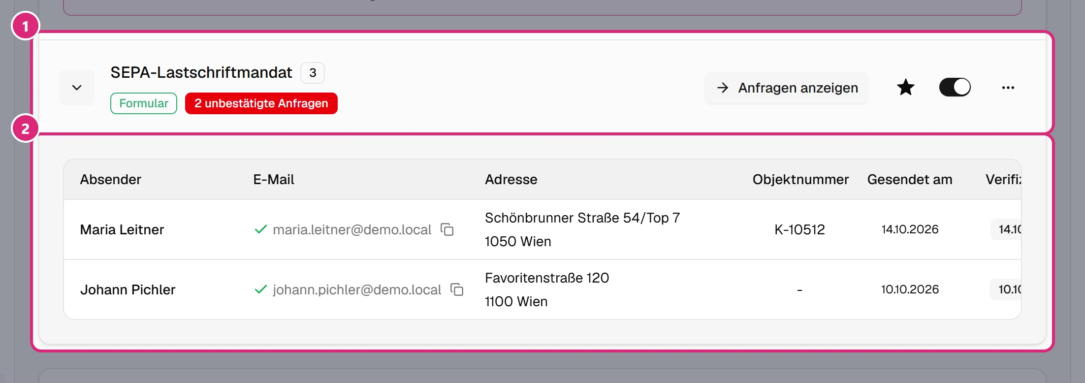 Aufgeklappte Zeile 'SEPA-Lastschriftmandat' (1), darunter die Tabelle der offenen Anfragen mit den Spalten 'Absender', 'E-Mail', 'Adresse', 'Objektnummer', 'Gesendet am', 'Verifiziert am', 'Verifiziert von' und 'Bestätigt am' (2)
