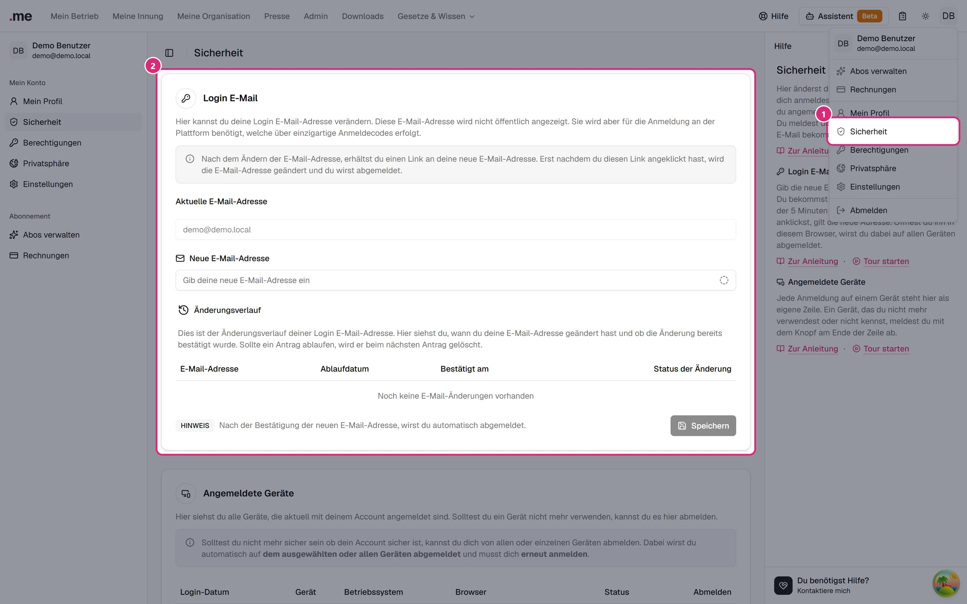 Seite 'Sicherheit' mit geöffnetem Benutzermenü rechts oben und dem Eintrag 'Sicherheit' (1), darunter die Karte 'Login E-Mail' (2), rechts die Hilfe-Seitenleiste