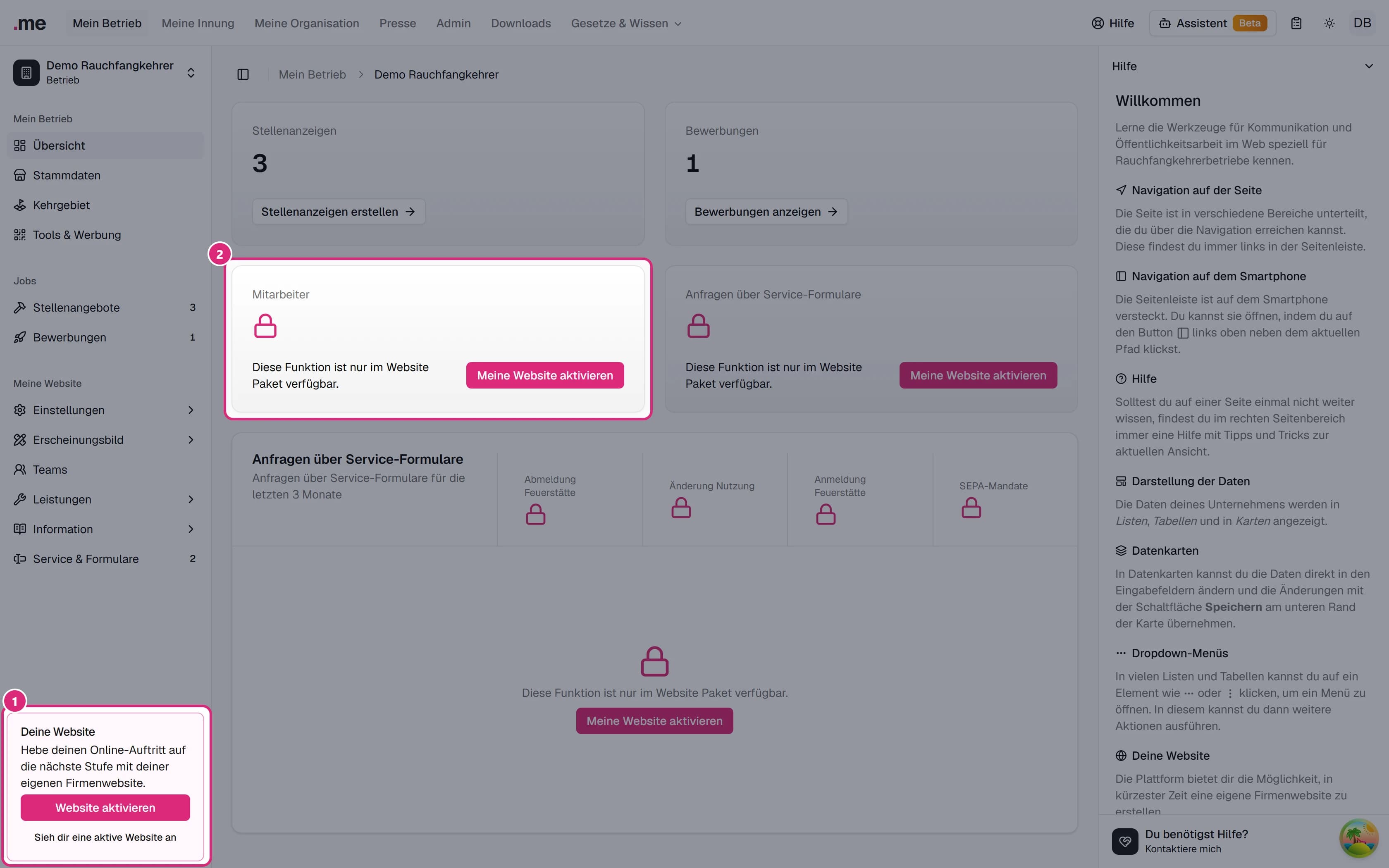 Übersicht des Betriebs ohne aktive Website: links unten die Karte 'Deine Website' mit 'Website aktivieren' (1), in der Mitte die gesperrte Karte 'Mitarbeiter' mit 'Meine Website aktivieren' (2)