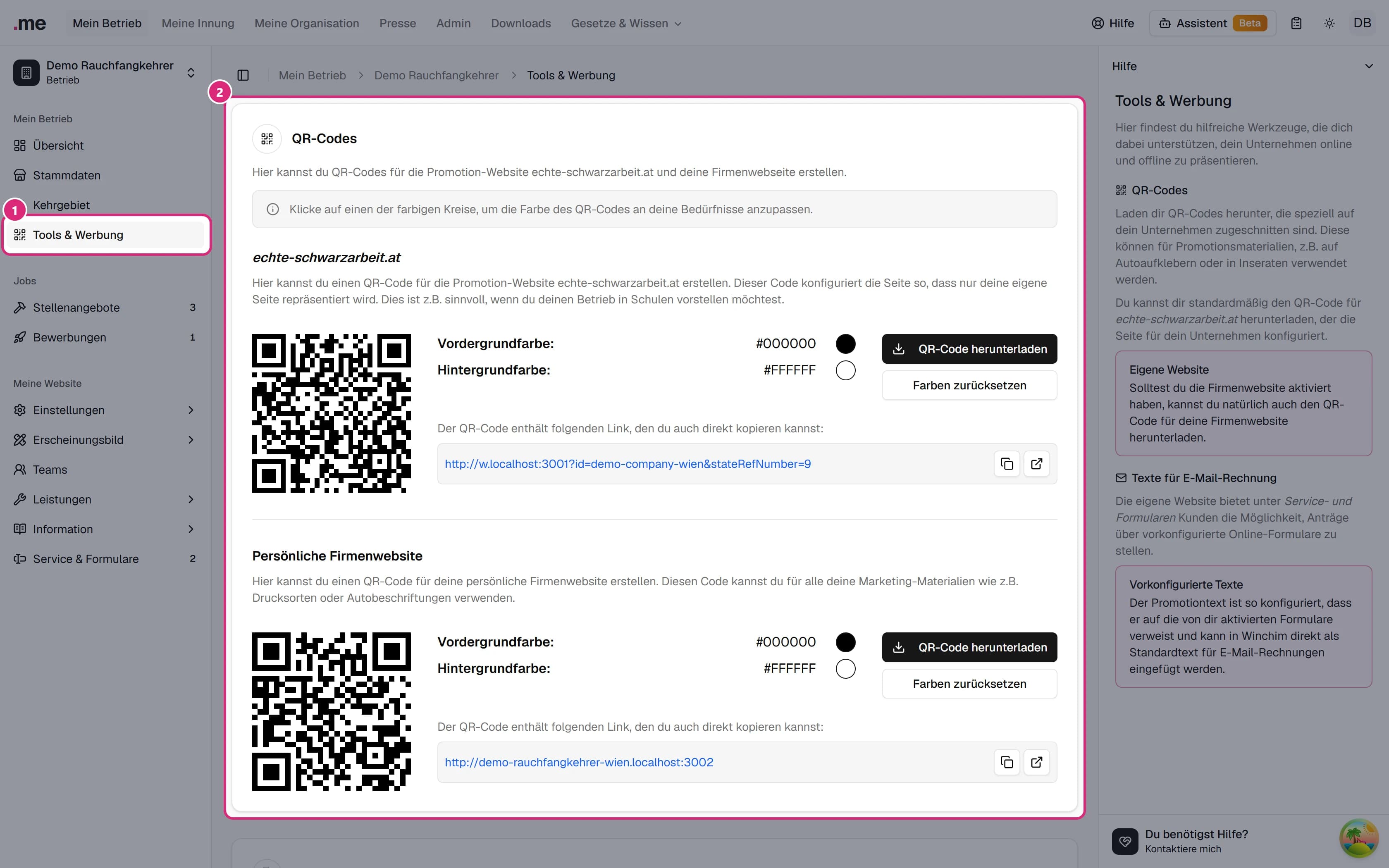 Seite Tools & Werbung: Menüpunkt 'Tools & Werbung' (1) in der Seitenleiste, daneben die Karte 'QR-Codes' mit den Bereichen 'echte-schwarzarbeit.at' und 'Persönliche Firmenwebsite' (2)