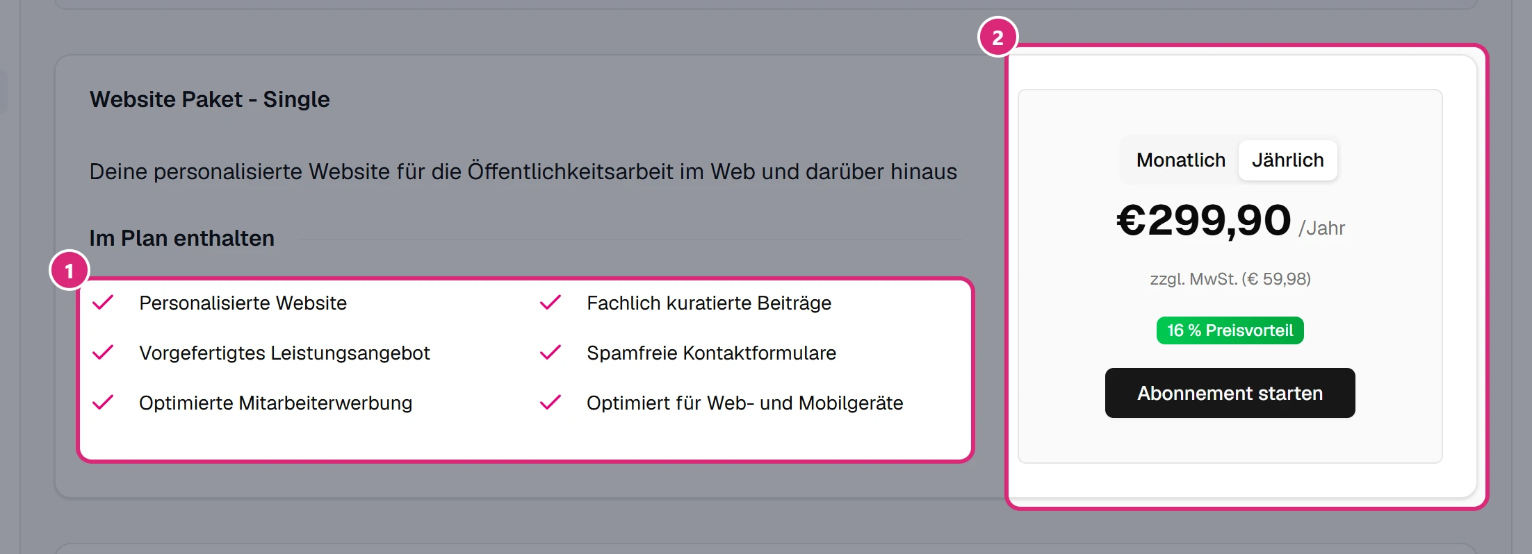 Karte 'Website Paket - Single': Liste 'Im Plan enthalten' (1) und rechts der Preisbereich (2)