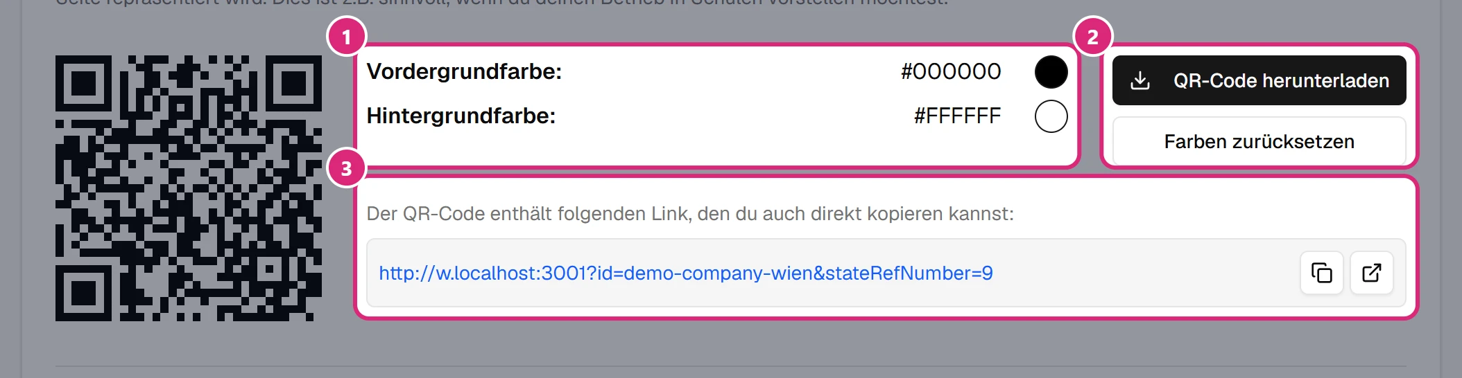 QR-Code für echte-schwarzarbeit.at mit Vorder- und Hintergrundfarbe (1), 'QR-Code herunterladen' und 'Farben zurücksetzen' (2) und dem enthaltenen Link mit Kopieren- und Öffnen-Symbol (3)