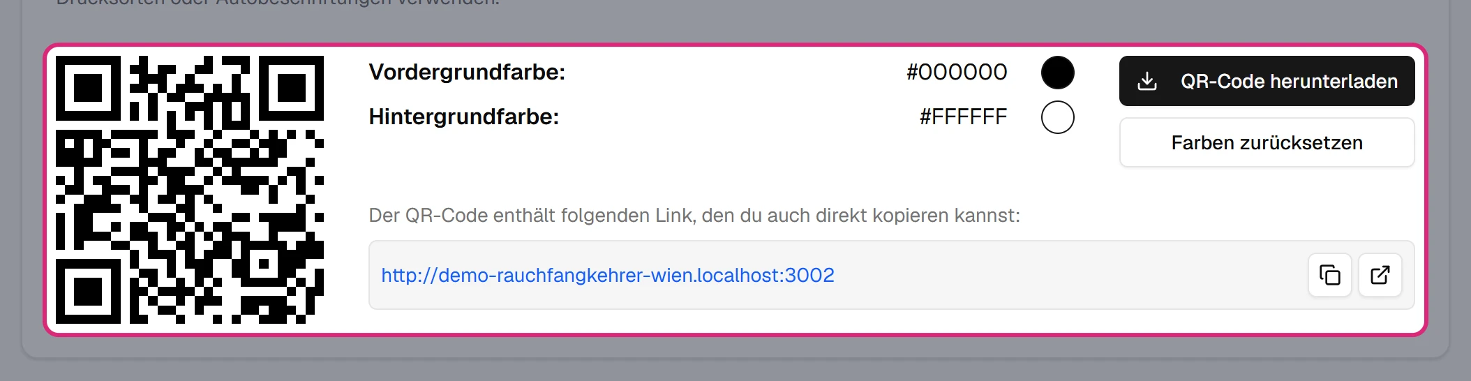 QR-Code für die persönliche Firmenwebsite mit Farbwahl, 'QR-Code herunterladen', 'Farben zurücksetzen' und dem Link zur Website