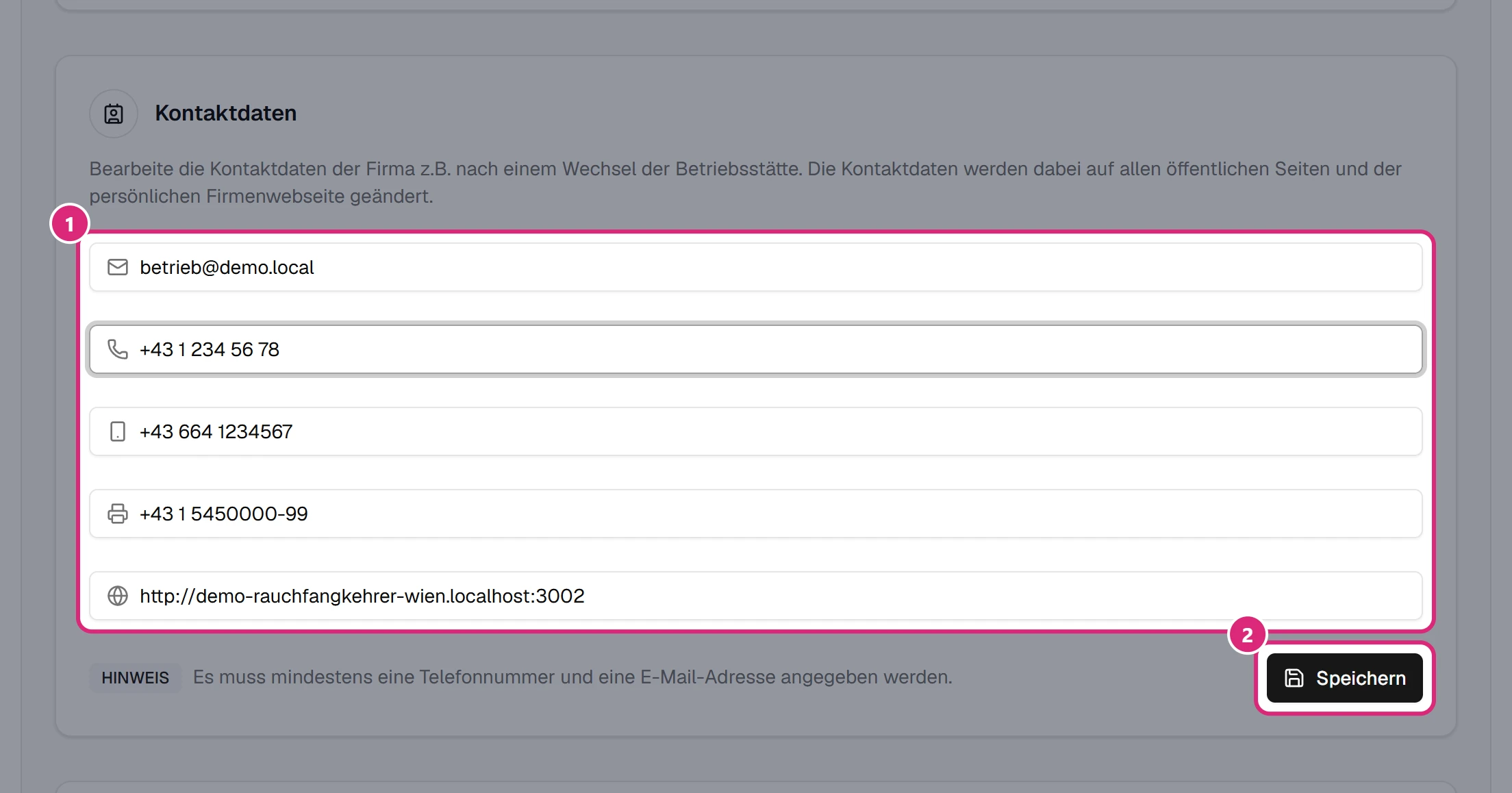 Karte 'Kontaktdaten' mit geänderter Telefonnummer: die Eingabefelder (1) und der aktive Knopf 'Speichern' (2)