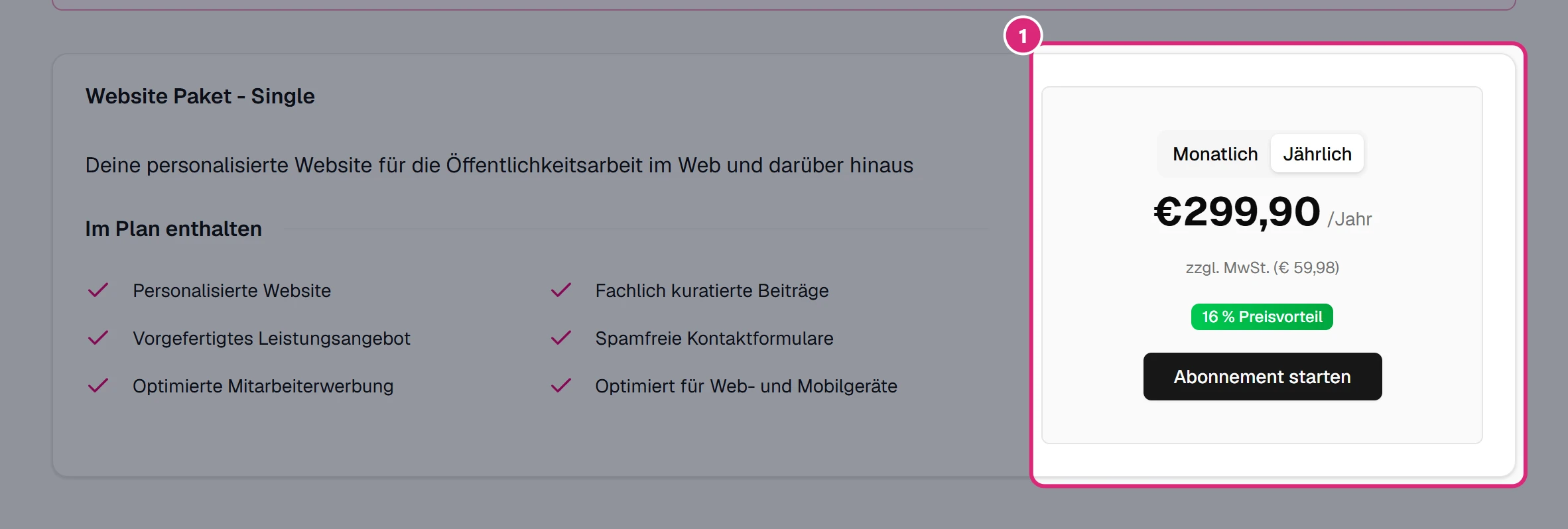 Seite 'Website Abo' unter Meine Website: Website Paket mit Leistungen links und Preisbereich mit Monatlich/Jährlich und 'Abonnement starten' rechts (1)