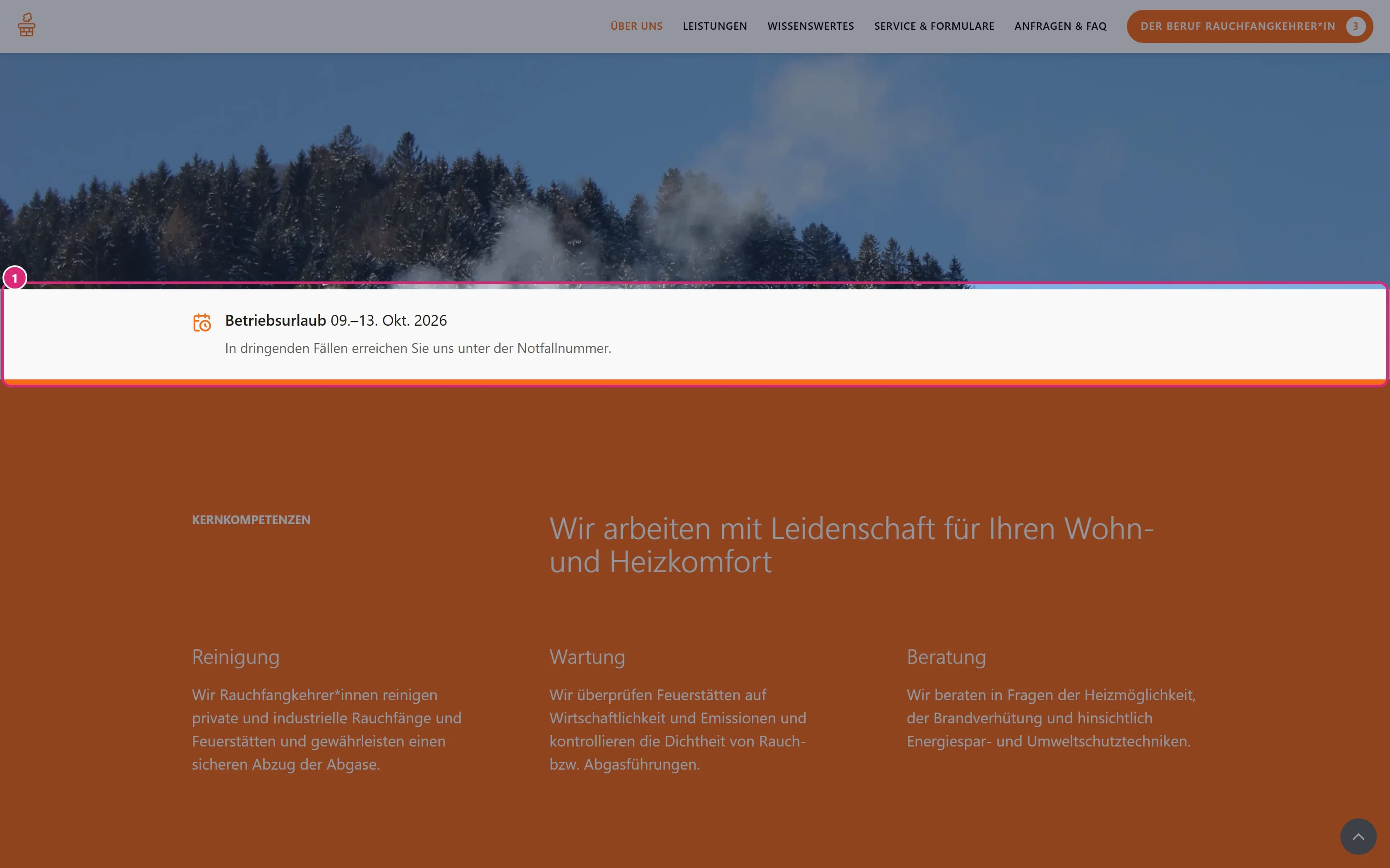Startseite der Betriebswebsite mit dem Hinweis auf den kommenden Betriebsurlaub unter dem Titelbild (1)