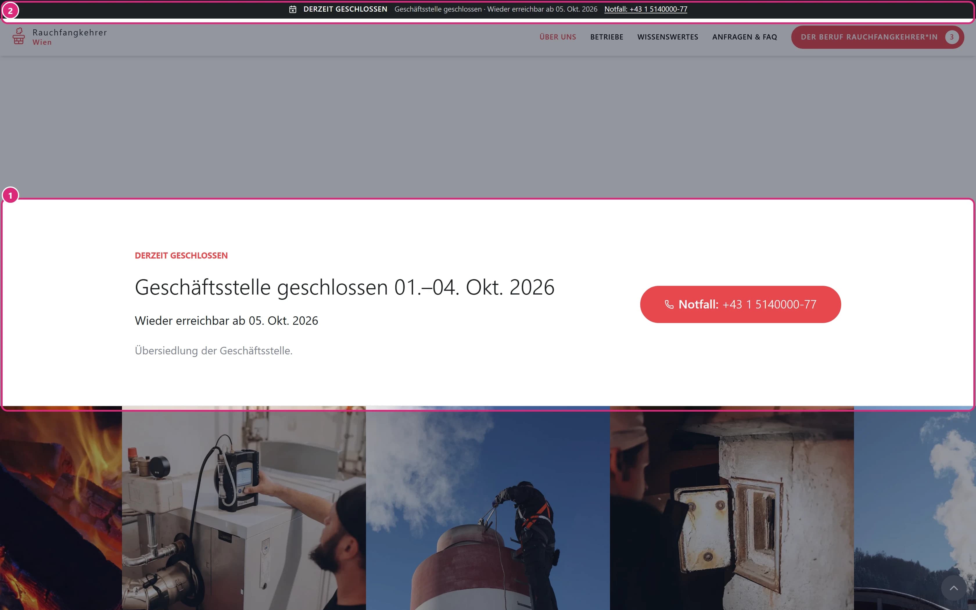 Website einer Innung während einer Abwesenheit: Balken 'Derzeit geschlossen' mit Notfallnummer ganz oben, darunter groß 'Geschäftsstelle geschlossen' mit dem Datum, ab dem sie wieder erreichbar ist, und der Schaltfläche 'Notfall'