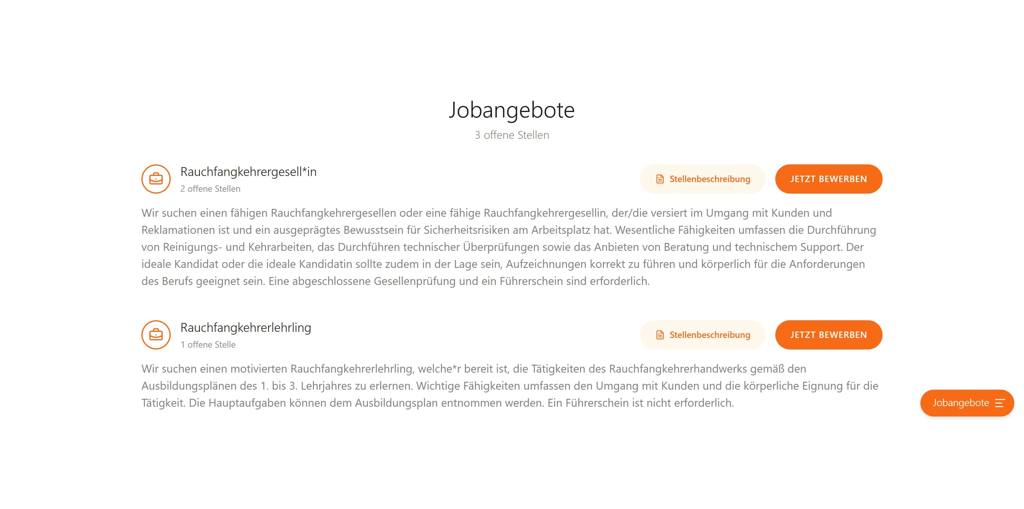 Bereich 'Jobangebote' der Seite 'Beruf' auf der Betriebswebsite: '3 offene Stellen', die Stellen 'Rauchfangkehrergesell*in' und 'Rauchfangkehrerlehrling' mit Beschreibung, 'Stellenbeschreibung' und 'Jetzt bewerben'