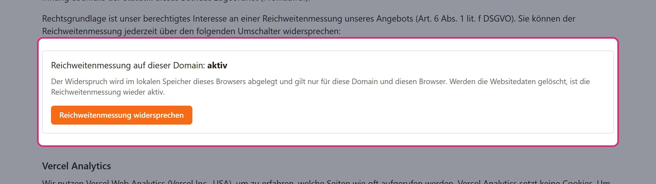 Datenschutzerklärung der Betriebswebsite, Abschnitt Reichweitenmessung: Kasten 'Reichweitenmessung auf dieser Domain: aktiv' mit der Schaltfläche 'Reichweitenmessung widersprechen'
